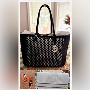 🌟Henri Bendel BUNDLE: Saffiano Tote, Natasha Charm + Flame Pin, and Slim Wallet🌟